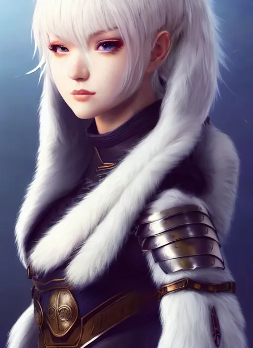 Prompt: warrior, fur - lined light armor!!! beautiful and elegant white hair female!! gorgeous ayes!! character concept art, sharp focus, octane render! unreal engine 5! highly rendered!! trending on artstation!! detailed linework!! illustration by artgerm, wlop, and chie yoshii