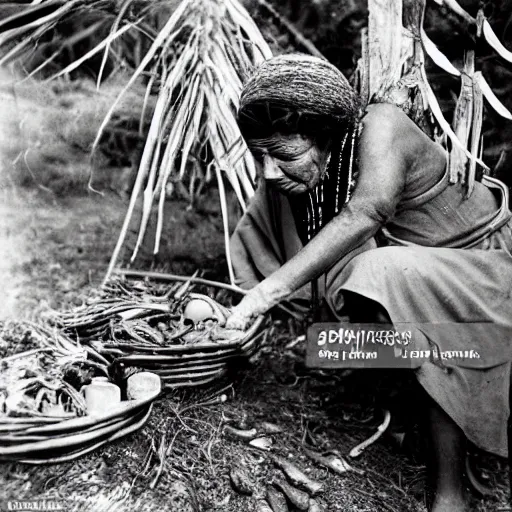 Image similar to a maori woman prepares weta bugs for eating outside her whare in the 1 9 4 0's.