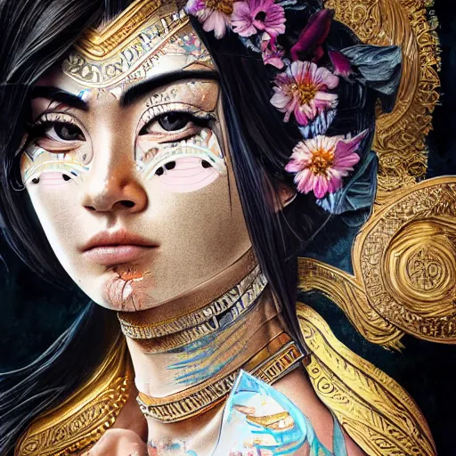 Image similar to Roman Asian Goddess, collage, highly detailed, digital painting, 4k, HDR, concept art, smooth, sharp focus, art by Sandra Chevrier