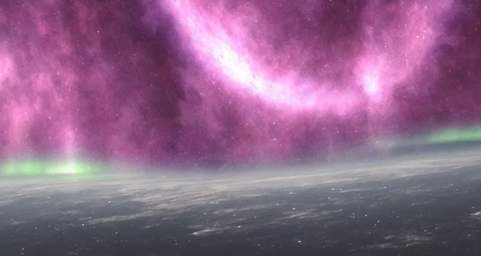 Prompt: view of the planet down below. space station pov. screenshot from the new sci - fi film directed by denis villeneuve 4 k. cinema. close orbital of a new alien world nested within an asteroid belt nebula. purple and green lightning aurora upon it's surface.