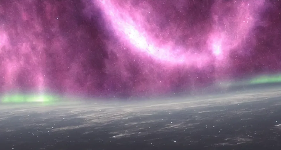 Image similar to view of the planet down below. space station pov. screenshot from the new sci - fi film directed by denis villeneuve 4 k. cinema. close orbital of a new alien world nested within an asteroid belt nebula. purple and green lightning aurora upon it's surface.