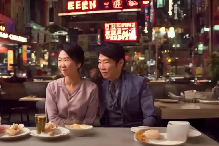 Prompt: VFX movie interior badass Asian couple sitting at 50s diner, night in the city, by Emmanuel Lubezki