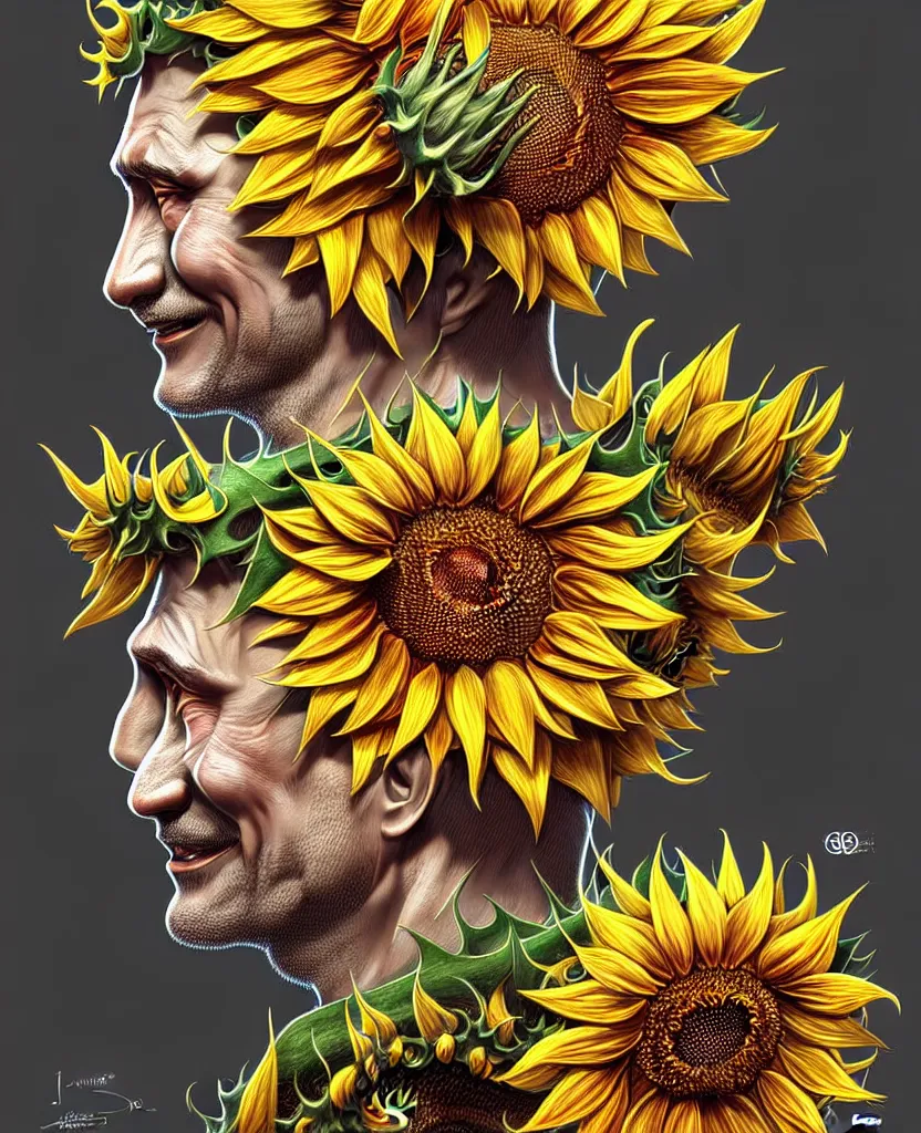 Image similar to digital art, centered full body of Putin smiling king, Sunflower crown, ,intricate, veins, by James Jean and by artgerm , by ross tran ultradetailed, charachter design, concept art, trending on artstation,