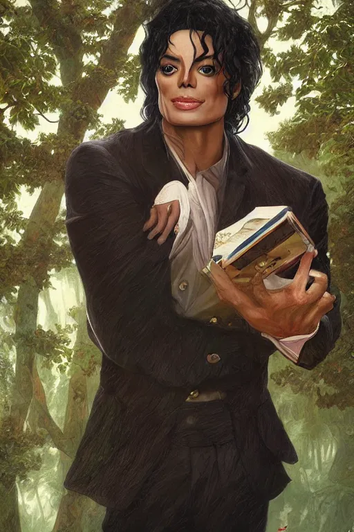 Image similar to male cottagecore michael jackson portrait with nature as background, intricate, swagger, highly detailed, digital painting, artstation, concept art, smooth, sharp, focus, illustration, art by artgerm and greg rutkowski and alphonse mucha