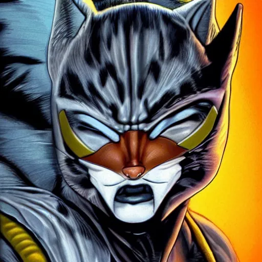 Prompt: catman, cat head, superhero body, rob liefeld, photorealism