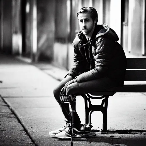 Image similar to photo of teenage ryan gosling sitting on a bench in a alley, wearing jacket, two crutches near bench, fullbody, street of moscow, shallow depth of field, cinematic, 8 0 mm, f 1. 8