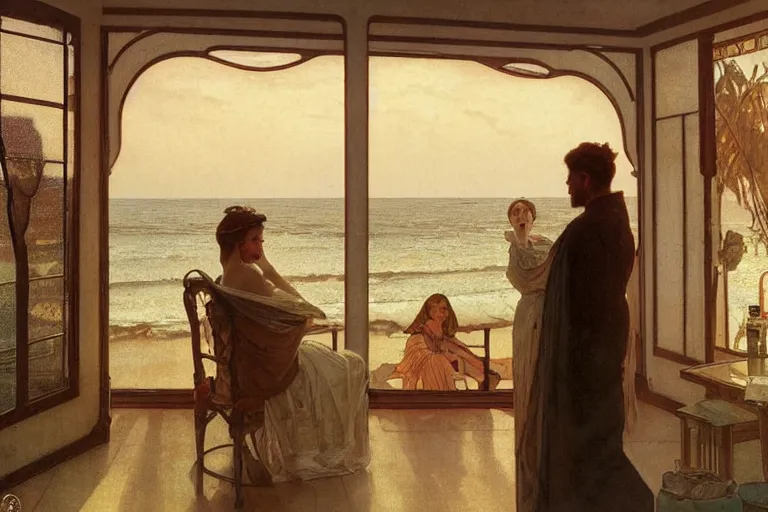 Prompt: a matte painting of a man watching the sunset with his wife in his house by the beach, by greg rutkowski, by alphonse mucha, muted colors