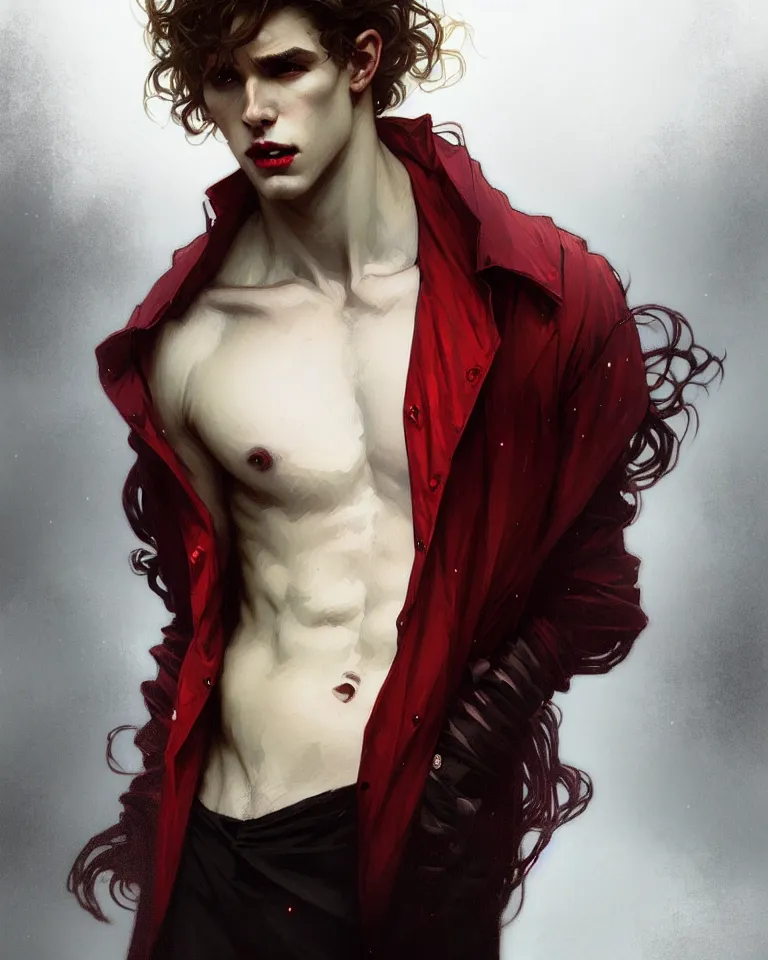 Image similar to portrait of a beautiful young fit male vampire with curly blond hairs and pale skin, dressed with urban clothes, by greg rutkowski and alphonse mucha, d & d character, gradient white to red, modern nocturnal background, highly detailed portrait, digital painting, artstation, concept art, smooth, sharp focus ilustration, artstation hq