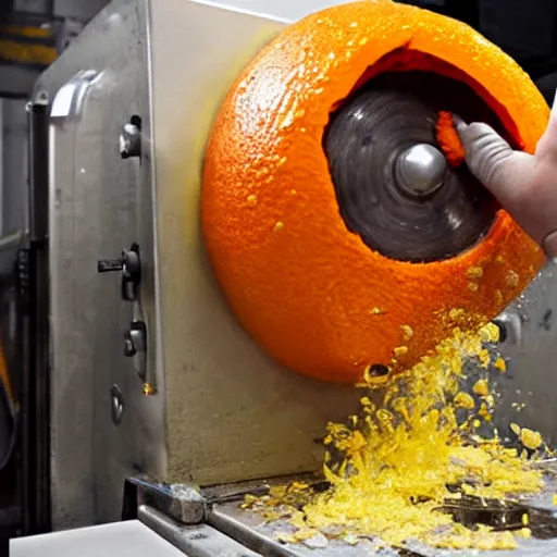 Image similar to The annoying orange being crushed under a hydraulic press