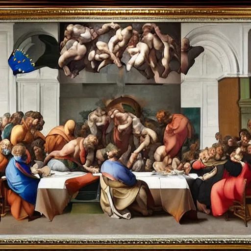 Image similar to the creation of european union, painting by michelangelo, starring angela merkel and harry potter faces instead, high quality