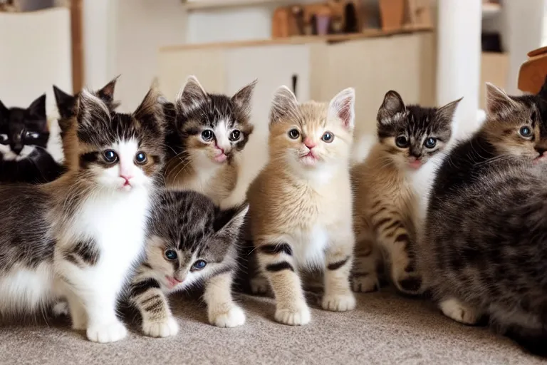 Image similar to a living room full of cute kittens that are all facing the camera