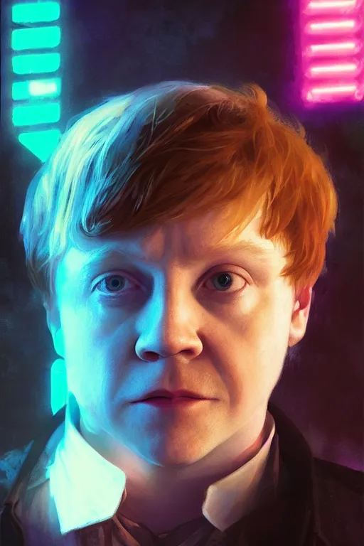 Image similar to portrait of Rupert Grint as Ron Wisly in cyberpunk, neon lighting, night city, digital art from artstation by Ruan Jia and Mandy Jurgens and Artgerm and william-adolphe bouguereau and Greg Rutkowski and Wayne Barlowe
