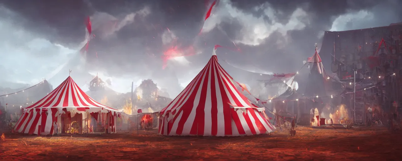 Image similar to red and white circus tent on fire, wide angle, matte painting, concept art, cgsociety, octane render, trending on artstation, artstationHD, artstationHQ, unreal engine, 4k, 8k