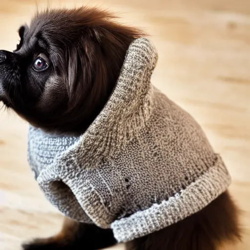 Image similar to a cute pekingese wearing a sweater, high resolution photo