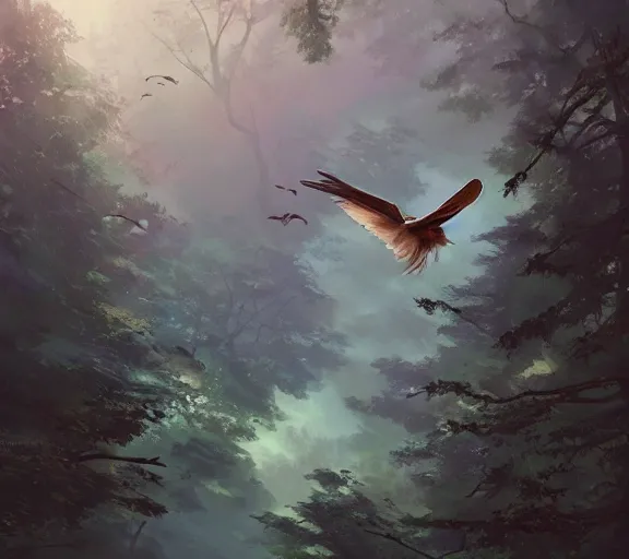 Image similar to a bird flying through a forest, wind streaks. Adventurous. By Makoto Shinkai, Stanley Artgerm Lau, WLOP, Rossdraws, James Jean, Andrei Riabovitchev, Marc Simonetti, krenz cushart, Sakimichan, trending on ArtStation, digital art.