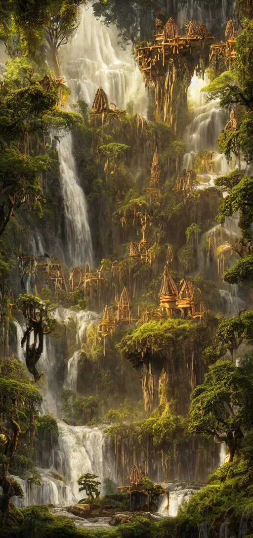 Image similar to wooden elven City with golden roofs, arches and bridges on top of a WATERFALL in the fall, gnarly trees, lush vegetation, forrest, a small stream runs beneath the waterfall, landscape, raphael lacoste, eddie mendoza, alex ross, john howe, concept art, matte painting, highly detailed, rule of thirds, dynamic lighting, cinematic, detailed, denoised, centerd, clean render