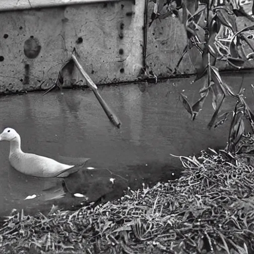 Image similar to a duck inventing the world's first computer, b & w photograph