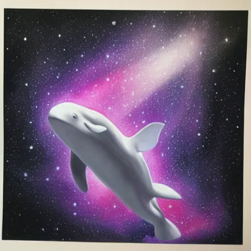 Image similar to beluga whale face only, nebula space background, pencil drawing, higher detailed, realistic