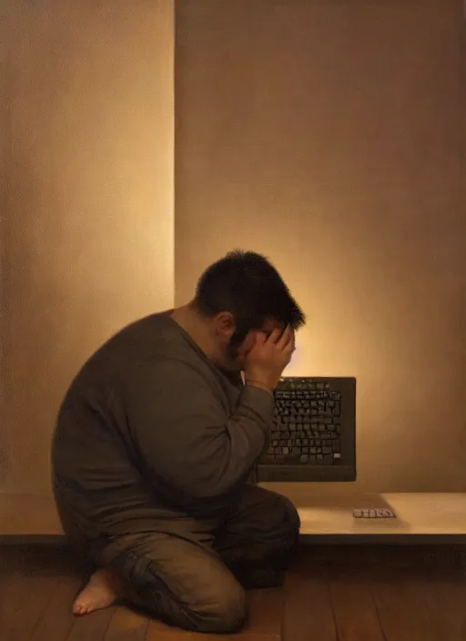 Image similar to insanely detailed chiaroscuro image of a exhausted - looking chubby casually - dressed programmer guy on his knees facing his glowing ultrawide monitor monitor begging it for forgiveness, oil on canvas, masterwork, fine detail, trending on artstation, emotive, insanely compelling, ryden, koons, moebius