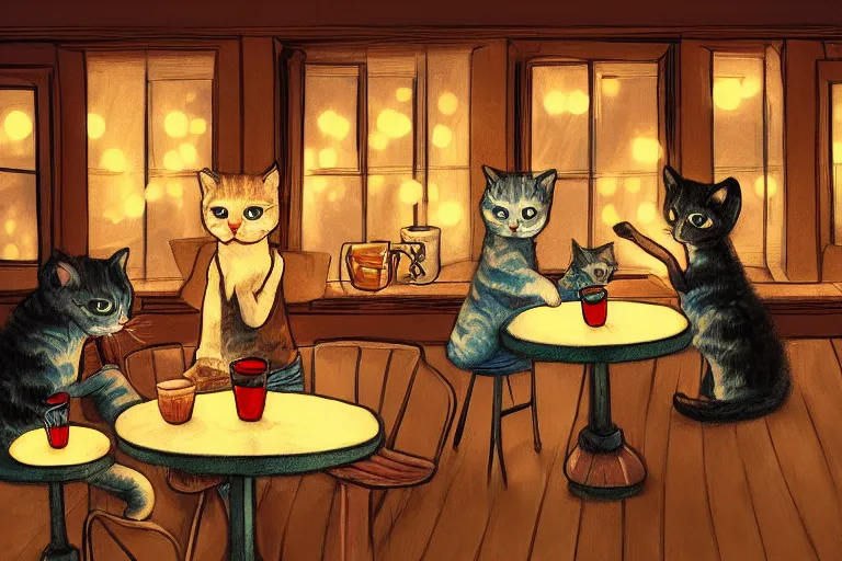 Prompt: kittens in a coffee shop, detailed whimsical illustration, DeviantArt Artstation, bokeh, warm lighting