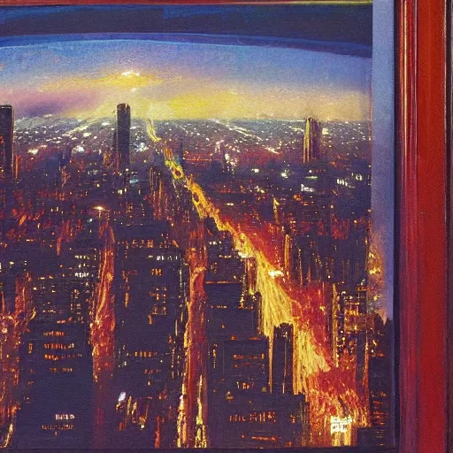 Image similar to impressionistic full - color painting of a distorted mirror reflecting a nightmarish balcony view of boston downtown skyline in 1 9 2 5 at night with a horrifying sky, aerial view, dark, brooding, night, atmospheric, horror, cosmic, ultra - realistic, smooth, highly detailed by dave dorman