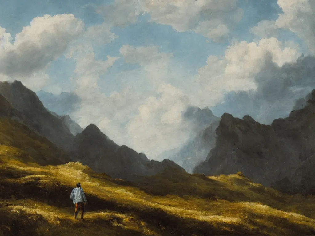 Image similar to A traveler wandering trough the mountains looking at the clouds, neo-romanticism