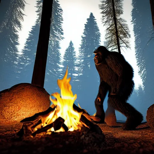 Image similar to bigfoot near a camp fire in a dark forest, highly detailed, photorealistic portrait, bright studio setting, studio lighting, crisp quality and light reflections, unreal engine 5 quality render