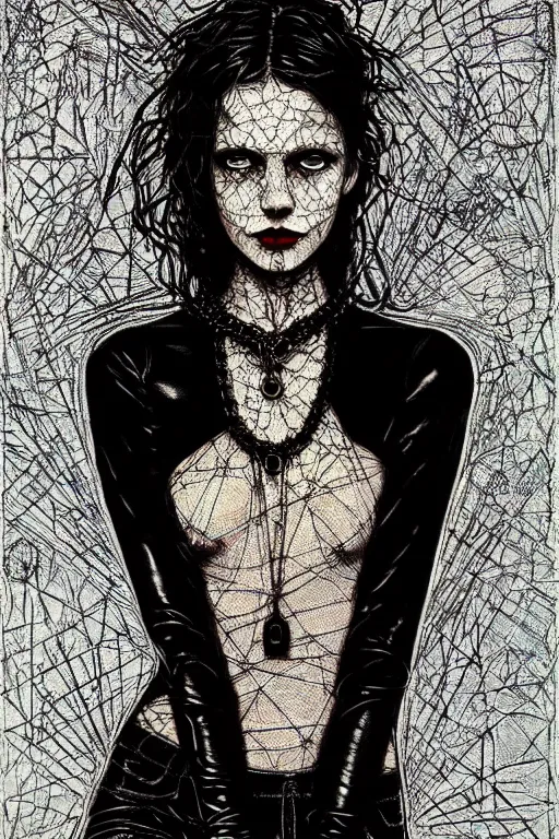 Image similar to dreamy gothic girl, black leather slim clothes, chain on her neck, beautiful body, detailed acrylic, grunge, intricate complexity, by dan mumford and by alberto giacometti, peter lindbergh