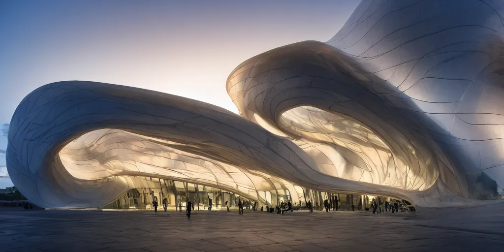 Image similar to extremely detailed awe stunning beautiful futuristic smooth curvilinear museum exterior, translucent gills, zaha hadid, stunning volumetric light, stainless steel, concrete, translucent material, beautiful sunset, hyper real, 8k, colorful, 3D cinematic volumetric light, atmospheric light