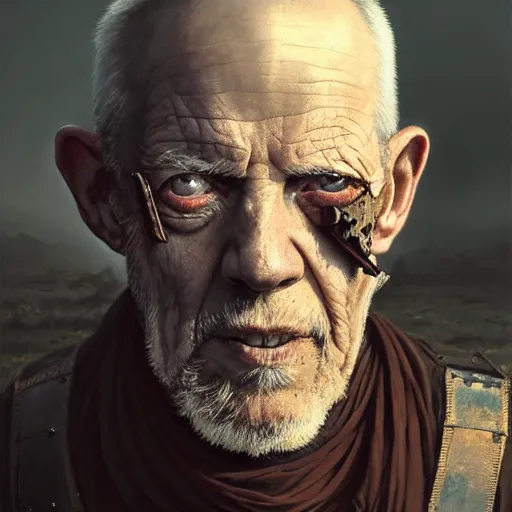 Image similar to portrait painting of a post - apocalyptic older american eyeless man wearing monk garbs with a scrap pauldron, ultra realistic, concept art, intricate details, eerie, highly detailed, photorealistic, octane render, 8 k, unreal engine. art by artgerm and greg rutkowski and charlie bowater and magali villeneuve and alphonse mucha