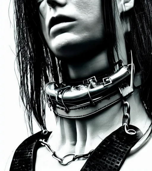 Image similar to detailed realistic female character cyberpunk wearing thick steel collar around neck, realistic, art, beautiful, 4K, collar, choker, collar around neck, punk, artstation, detailed, female, woman, choker, cyberpunk, neon, punk, collar, choker, collar around neck, thick collar, tight around neck, punk, choker, hyperrealistic, realistic, female, punk female,