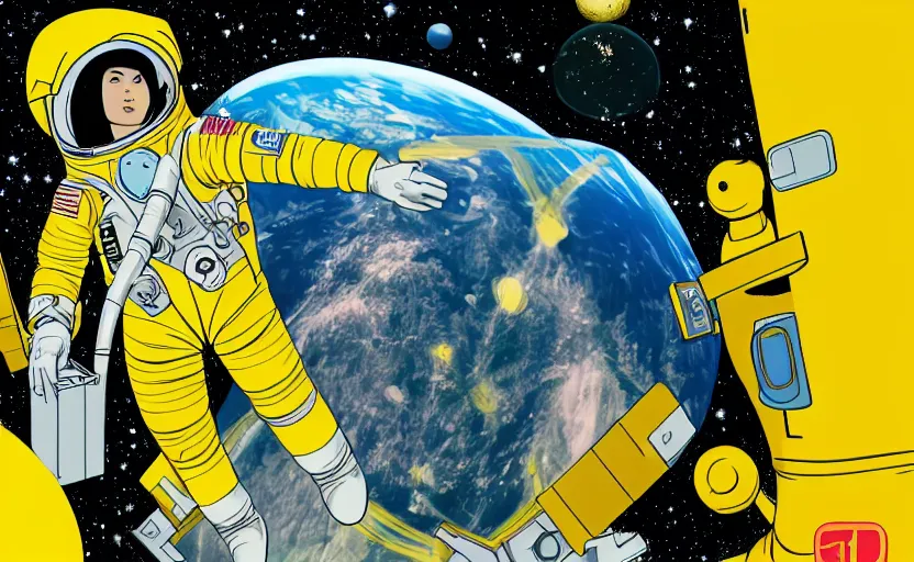 Prompt: yoko tsuno a female astronaut in yellow spacesuit floating in a scenic space environment