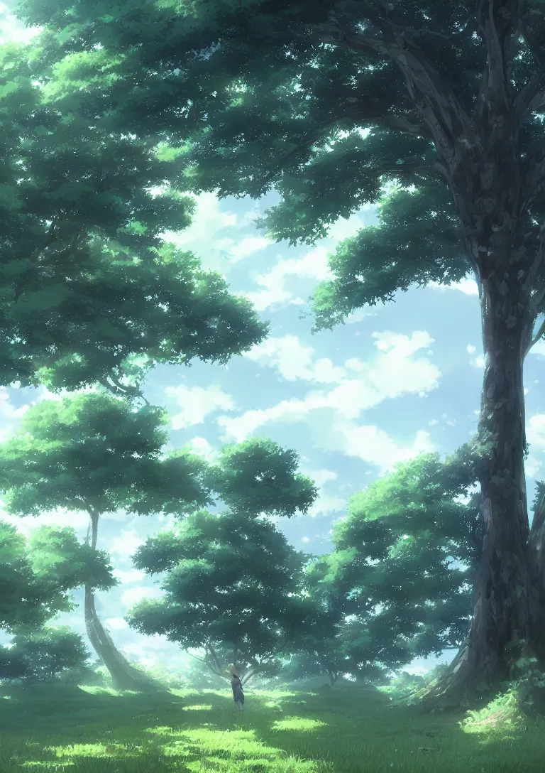 Prompt: grand green tree in a forest, makoto shinkai