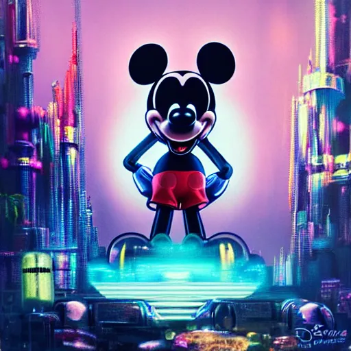 Image similar to a group of people standing around a mickey mouse, cyberpunk art by david lachapelle, cgsociety, sots art, dystopian art, reimagined by industrial light and magic, concept art