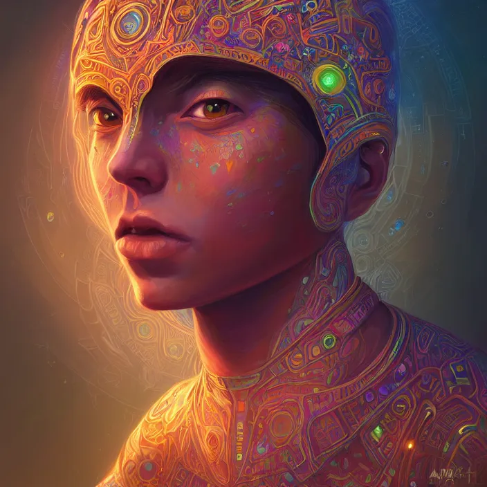 Image similar to portrait of a future metaverse ayahuasca tech shaman warrior, 2 d cartoon, visionary art, symmetric, magick symbols, holy halo, shipibo patterns, sci - fi, concept art, trending on art station, 8 k digital art, by mandy jurgens, fantasy portrait art, anime