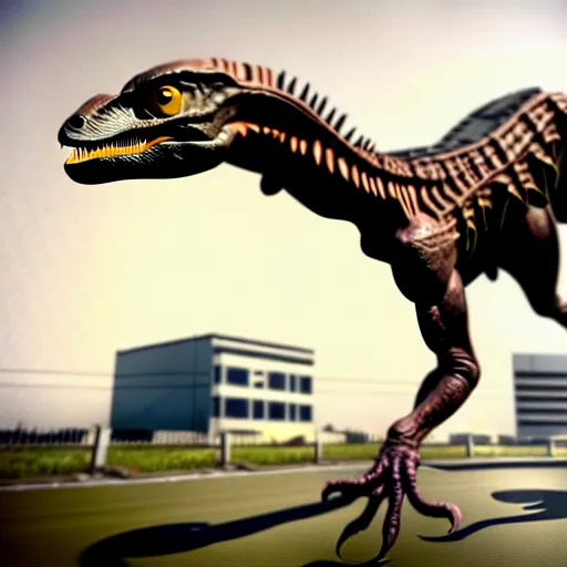 Image similar to a velociraptor with electric collars around its body infected by an alien implant, photorealistic 3 d octane render, unreal engine
