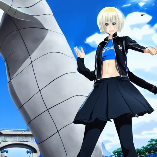 Image similar to aristocratic platinum - blonde - haired bob cut blue - eyed princess wearing white leggings and black jacket, standing next to communist monument, anime, hd anime wallpaper, hyperrealistic lighting, drawn by artgerm