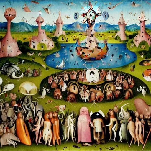 Image similar to garden of earthly delights by hieronymus bosch, animated in the style of pendleton ward, adventure time, bright and colorful