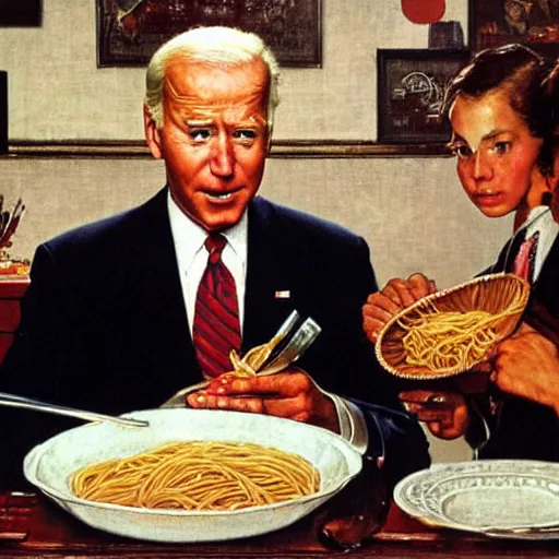 Prompt: joe biden eating a bowl of spaghetti, norman rockwell