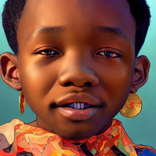 Prompt: colourful upper half caricature portrait of an african boy with sliver teeth grillz, art by hsiao - ron cheng & alphonse mucha, highly detailed, digital painting, ray tracing, concept art, illustration, smooth sharp focus, intricate, symmetry, artstation,