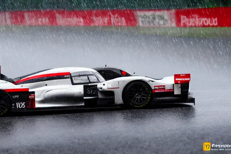 Image similar to detailed photo of the porsche 9 1 9 in heavy rain at circuit de spa - francorchamps, in the art style of nihonga