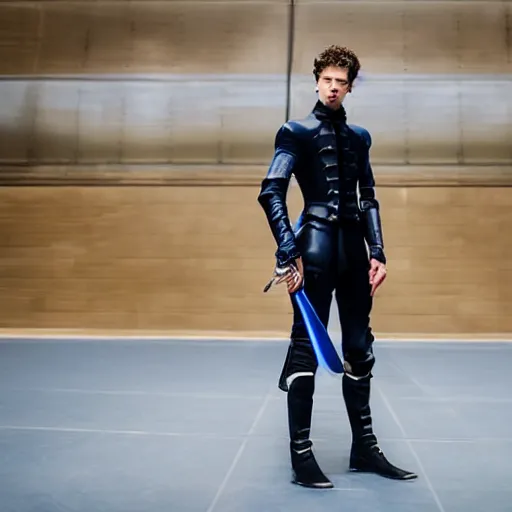 Image similar to low angle shot of austin Butler dressed in dark-blue-futuristic-baroque duelist-garb and carbon-armor, standing in an arena, XF IQ4, f/1.4, ISO 200, 1/160s, 8K, RAW, unedited, symmetrical balance, face in-frame