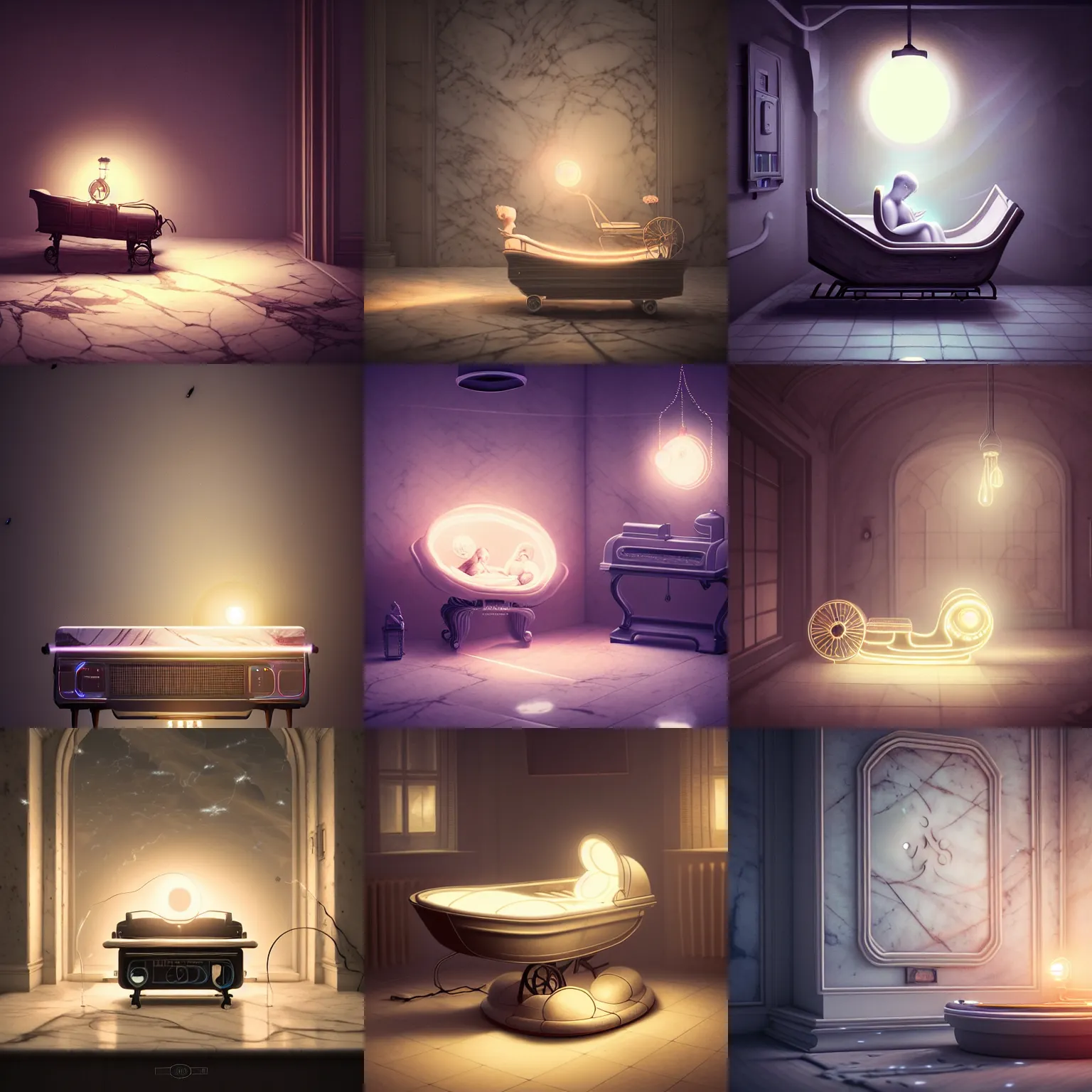 Image similar to beautiful digital fantasy illustration of a Birth Machine, lights in the night, highly detailed, soft lighting, rendered in octane, masterpiece, very very very aesthetic, exquisite marble details