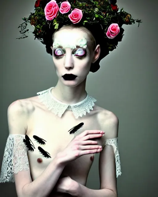 Image similar to dreamy surreal poetic photo of a beautiful young porcelain female-cyborg-vegetal with a very long neck and a super big gothic lace collar filled with dead flies and a very high big floral crown with many black dry roses by Vivienne Westwood:: smoke, high fashion, haute couture, rococo, avant-garde, elegant, dreamy, hyper realistic, 150 mm lens, soft rim light, octane render, unreal engine, picture was taken in 1910 by Dora Maar, volumetric lighting, dramatic light,8k,