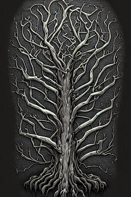 Prompt: a tree, in the style of h p lovecraft, intricate, elegant, highly detailed, smooth, sharp focus, artstation