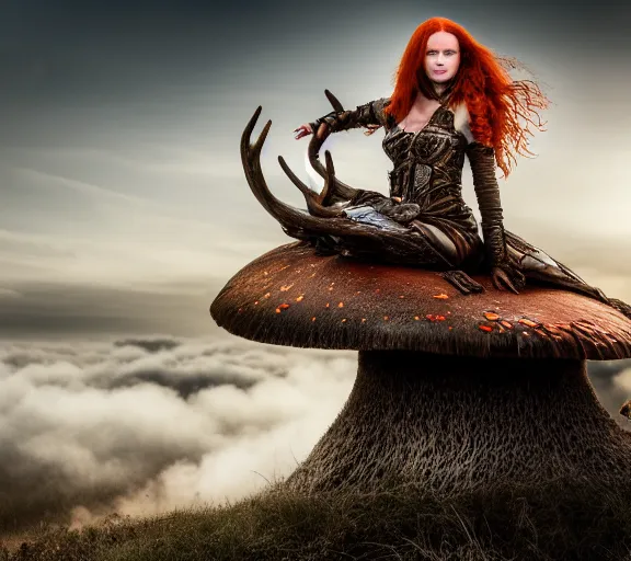 Image similar to a photo of an armored woman warrior redhead with antlers sitting facing backwards on a giant mushroom that covers a whole village and reaches above the clouds by luis royo. intricate. lifelike. soft light. sony a 7 r iv 5 5 mm. cinematic post - processing