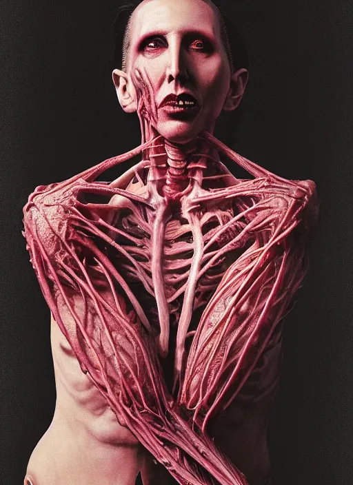 Image similar to portrait of marilyn manson with translucent skin, visible muscles and veins and arteries and bones and spines and nerves, beautiful detailed intricate insanely detailed octane render, 8 k artistic photography, photorealistic, chiaroscuro, by david cronenberg, raphael, caravaggio