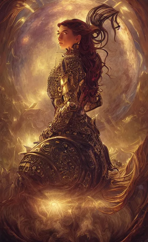 Prompt: masterpiece of 90s fantasy movie poster, steampunk, cinematic, powerful, moon beams dramatic light, highly, intricate gold elements, hollow souls, detailed, digital painting, artstation, concept art, sharp focus, illustration, art by artgerm and greg rutkowski and alphonse mucha, rembrandt