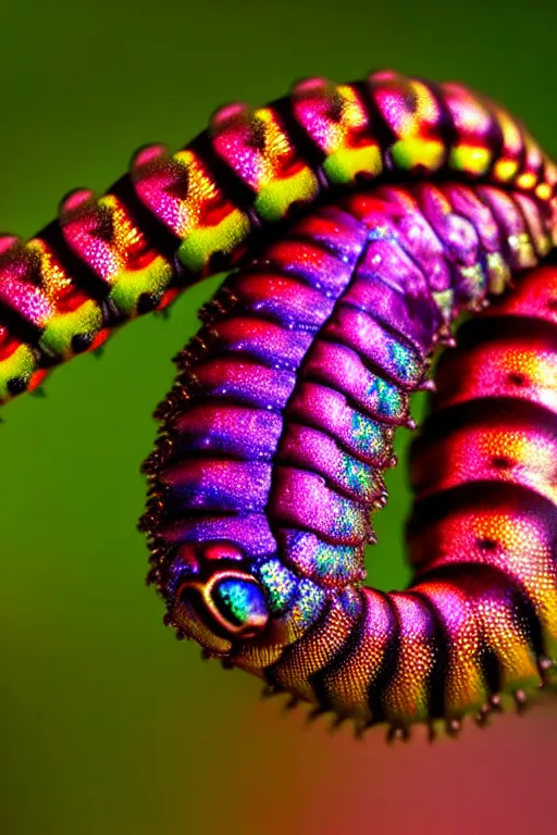 Prompt: high quality macro photo iridescent mutant caterpillar! cute highly detailed david ligare elson peter cinematic pink lighting high quality low angle hd 8k sharp shallow depth of field