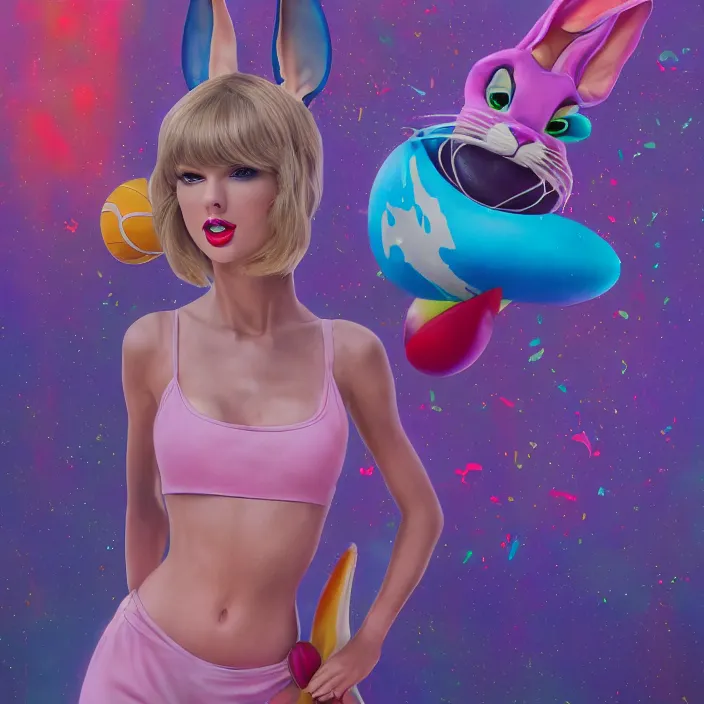 Prompt: portrait of Taylor Swift as Lola Bunny in Space Jam 1996. ears. intricate abstract. intricate artwork. by Tooth Wu, wlop, beeple, dan mumford. octane render, trending on artstation, greg rutkowski very coherent symmetrical artwork. cinematic, hyper realism, high detail, octane render, 8k, iridescent accents